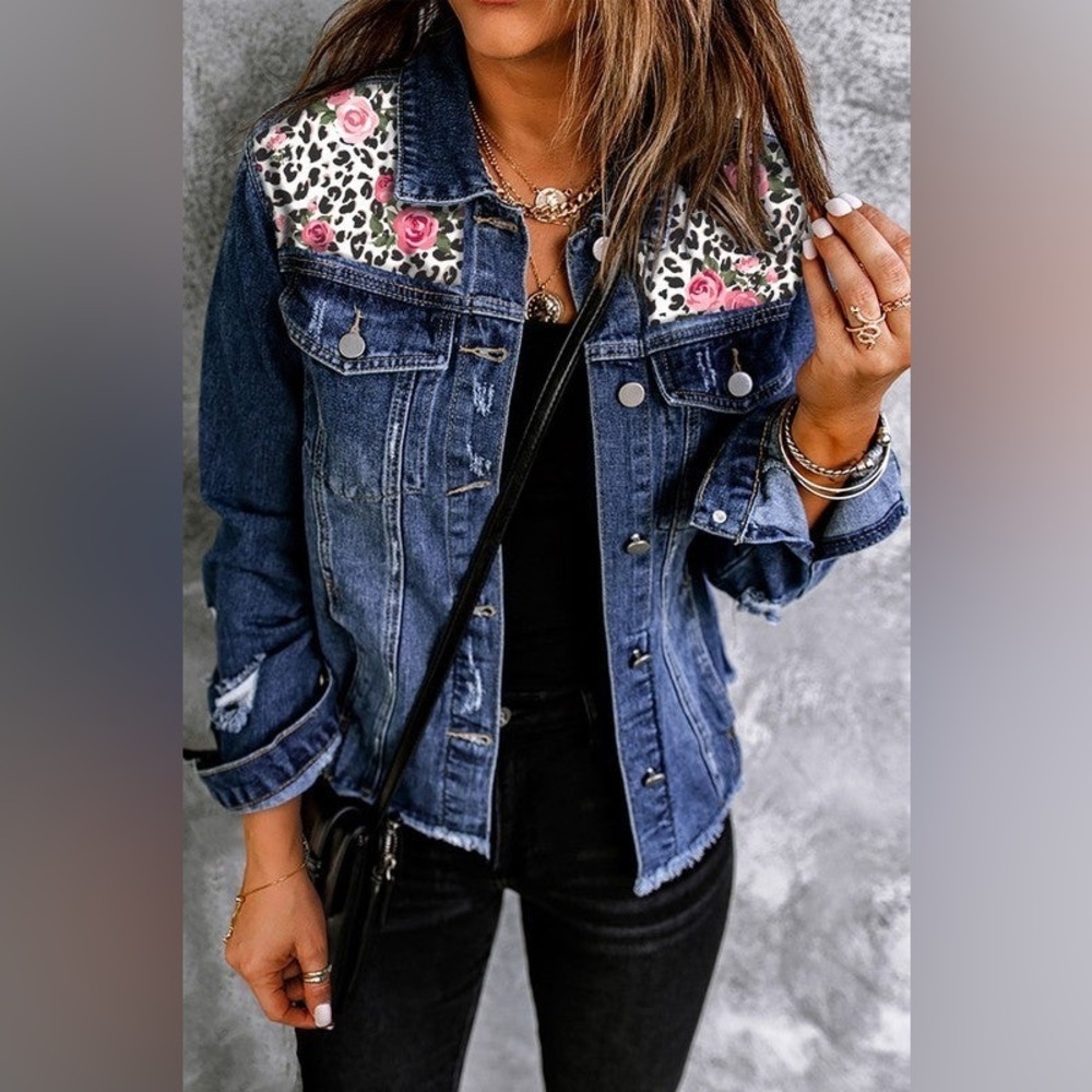 NWT leopard rose distressed denim jean jacket